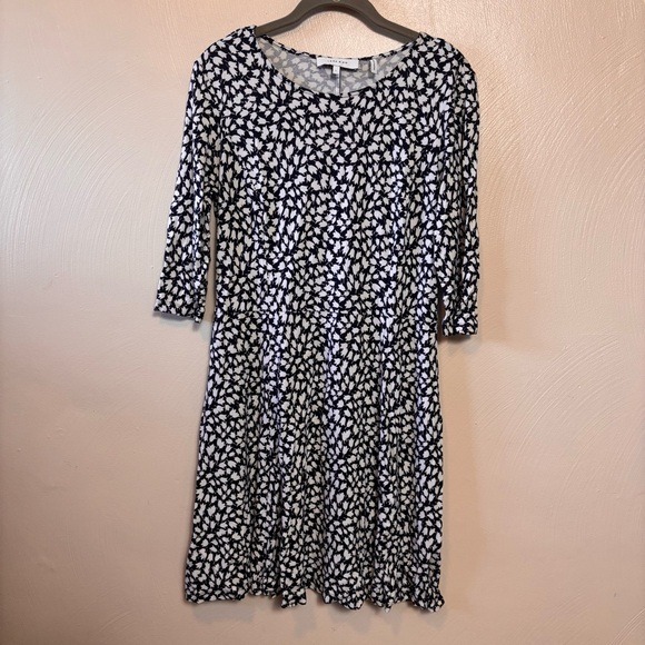 Lark & Ro Dress Fit Flare Midi Dress 3/4 Sleeve Navy‎ Blue White Flower Large - Picture 2 of 6